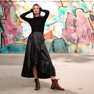 Vegan Leather Wrapped & Ruffled Midi Skirt